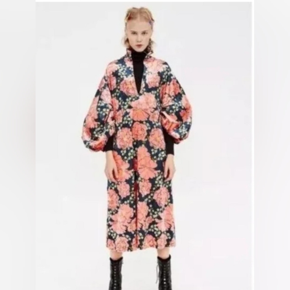 ZARA Peach Floral Velvet Kaftan Puff Long Sleeve Midi Bohemian Dress